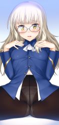 Rule 34 | 1girl, black pantyhose, blonde hair, blush, breasts, crotch seam, glasses, highres, long hair, looking at viewer, military, navel, panties, panties under pantyhose, pantyhose, perrine h. clostermann, small breasts, solo, spread legs, strike witches, suzume inui, underwear, uniform, white panties, world witches series, yellow eyes