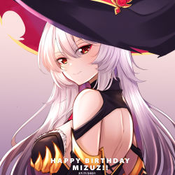 Rule 34 | 1girl, absurdres, arm behind back, ataririri, birthday, black hat, black leotard, breasts, cleavage, commentary, detached sleeves, english commentary, eyeshadow, fur trim, gold, gold trim, gradient background, hat, highres, indie virtual youtuber, large breasts, leotard, long hair, long sleeves, looking at viewer, makeup, mizuz, red eyes, revealing clothes, simple background, smile, solo, standing, strapless, strapless leotard, torn clothes, torn hat, virtual youtuber, white hair, witch hat