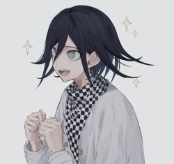 Rule 34 | + +, 1boy, :d, black hair, checkered clothes, checkered scarf, commentary request, danganronpa (series), danganronpa v3: killing harmony, from side, grey background, grey jacket, hair between eyes, highres, iumi urura, jacket, long sleeves, male focus, open mouth, oma kokichi, purple eyes, scarf, short hair, smile, solo, sparkle, teeth, upper body, upper teeth only