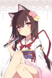 Rule 34 | 1girl, absurdres, animal ear fluff, animal ears, bell, blush, brown eyes, brown hair, cat ears, closed mouth, commentary request, flower, folded fan, folding fan, hair flower, hair ornament, hand fan, hand up, highres, holding, holding fan, japanese clothes, jingle bell, kimono, knees up, long hair, long sleeves, looking at viewer, masaki (machisora), obi, original, pink flower, red ribbon, resolution mismatch, ribbon, sash, sitting, smile, solo, source smaller, very long hair, white background, white kimono, wide sleeves
