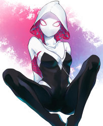 Rule 34 | 1girl, a (phrase), anchun (quail0503), bodysuit, breasts, headphones, highres, hood, hooded bodysuit, looking at viewer, marvel, mask, medium breasts, simple background, skin tight, solo, spider-gwen, spider-man (series), spider web print, superhero costume