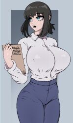 Rule 34 | 1girl, black hair, blue eyes, breasts, collared shirt, commentary, denim, earclip, english commentary, fbi, hand up, holding, jeans, jewelry, large breasts, long sleeves, looking to the side, open mouth, original, pale skin, pants, pushkachan, self-upload, shirt, short hair, simple background, solo, standing, white shirt