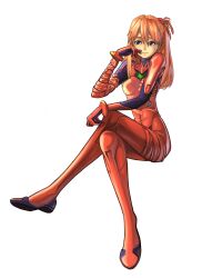 Rule 34 | 1girl, absurdres, blue eyes, bodysuit, breasts, brown hair, covered navel, cowboy shot, full body, highres, invisible chair, long hair, medium breasts, neon genesis evangelion, plugsuit, red bodysuit, shinn0512, shiny clothes, sitting, solo, souryuu asuka langley, two side up