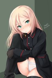 Rule 34 | 1girl, bad id, bad twitter id, black footwear, black gloves, black thighhighs, blonde hair, blush, boots, closed mouth, commentary request, gloves, green eyes, grey background, haruhata mutsuki, heinrike prinzessin zu sayn-wittgenstein, hugging own legs, knee boots, light frown, long hair, long sleeves, looking at viewer, military, military uniform, no pants, noble witches, panties, sitting, solo, strike witches, thighhighs, thighhighs under boots, underwear, uniform, white panties, world witches series