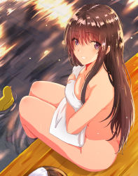 Rule 34 | 1girl, ass, barefoot, breasts, brown hair, covering privates, dripping, ekaki kukuma, from above, hair between eyes, highres, knees together feet apart, long hair, looking at viewer, looking up, medium breasts, nude cover, onsen, original, parted lips, purple eyes, rubber duck, sidelocks, sitting, smile, soaking feet, solo, towel, twisted torso, water, wet