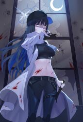 Rule 34 | 1girl, absurdres, baseball cap, belt, black belt, black hat, black pants, black shirt, blood, blood on face, blue archive, blue eyes, blue hair, breasts, bullet hole, coat, commentary request, crescent moon, crop top, feet out of frame, gun, handgun, hat, highres, holding, holding gun, holding knife, holding weapon, knife, large breasts, leggings, long hair, long sleeves, looking at viewer, midriff, moon, navel, night, open clothes, open coat, pants, reverse grip, saori (blue archive), shirt, solo, standing, stomach, very long hair, vt (arvt), weapon, white coat, window