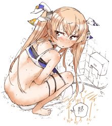 Rule 34 | 1girl, ass, barefoot, bathroom, bikini, bikini pull, blue bikini, breath, brown eyes, brown hair, choker, clothes pull, crossed arms, from behind, hair ribbon, highres, johnston (kancolle), kantai collection, koorimizu, long hair, looking back, open mouth, peeing, industrial pipe, ribbon, squat toilet, squatting, steam, sweat, swimsuit, thigh strap, toilet, toilet paper, toilet use, trembling, twintails, wall
