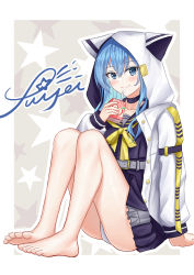 Rule 34 | 1girl, absurdres, andy2465, apple, aqua hair, arm support, bare legs, barefoot, blue choker, blue dress, blue hair, blush, border, character name, choker, closed mouth, collarbone, colored inner hair, dress, feet, food, fruit, full body, hand up, highres, holding, hololive, hood, hooded jacket, hoshimachi suisei, hoshimachi suisei (school uniform), jacket, juice box, knees up, legs together, long hair, long sleeves, multicolored hair, panties, pantyshot, ribbon, shiny skin, short dress, sitting, smile, solo, star (symbol), star in eye, symbol in eye, thighs, toes, underwear, virtual youtuber, white border, white jacket, white panties, yellow ribbon