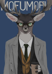 Rule 34 | 1boy, :3, absurdres, animal ears, animal hands, animal nose, antlers, black hair, black jacket, blue background, body fur, brown-framed eyewear, brown fur, brown vest, closed mouth, coat, coat on shoulders, collared shirt, cup, deer boy, deer ears, disposable cup, furry, furry male, glasses, green eyes, green necktie, grey coat, grey fur, hand up, highres, holding, holding cup, horns, jacket, long sleeves, looking at viewer, male focus, mayumochini, necktie, open clothes, open coat, open jacket, original, romaji text, shirt, short hair, simple background, snout, solo, standing, straight-on, upper body, vest, white shirt