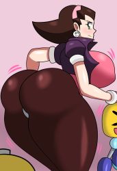 Rule 34 | 1girl, annoyed, ass, blush, breasts, brown hair, cameltoe, embarrassed, flipped hair, from behind, gloves, green eyes, hairband, highres, huge ass, jiggle, large breasts, leaning, leaning forward, looking back, looking down, mega man (series), mega man legends (series), pantyhose, servbot (mega man), shingattai, shiny clothes, shiny skin, sideboob, smile, thick thighs, thighs, tron bonne (mega man)