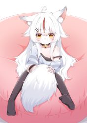 Rule 34 | absurdres, animal ears, commission, commissioner upload, fox ears, fox girl, fox tail, highres, indie virtual youtuber, kamiko kana, loose clothes, loose shirt, multicolored hair, shirt, skeb commission, smile, solo, streaked hair, tail, brushing tail, thighhighs, virtual youtuber, white hair, yellow eyes, yuzuki koebu