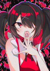Rule 34 | 1girl, ame-chan (needy girl overdose), black hair, black ribbon, blood, blood splatter, chouzetsusaikawa tenshi-chan, chromatic aberration, hair ornament, hair over one eye, hand up, highres, long hair, lsd, neck ribbon, needy girl overdose, object on tongue, open mouth, red eyes, red shirt, ribbon, shirt, solo, tongue, tongue out, twintails, unimattya, upper body, x hair ornament