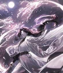 Rule 34 | 1girl, black hair, coat, falling petals, floating hair, flower, grey eyes, highres, holding, holding sword, holding weapon, long hair, long sleeves, mitseohaem, moon, night, open mouth, petals, plum blossoms, return of the mount hua sect, sash, solo, sword, teeth, upper teeth only, weapon, white coat, white uniform, yu iseol (return of the mount hua sect)