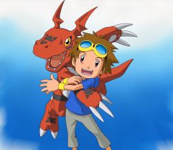 Rule 34 | 1boy, arm hug, bad id, bad twitter id, blue background, blue hoodie, brown hair, claws, cleaned, creature, digimon, digimon (creature), digimon tamers, goggles, goggles on head, grey pants, guilmon, highres, hood, hoodie, looking at viewer, matsuda takato, nakatsuru katsuyoshi, official art, open mouth, orange eyes, pants, red eyes, reptile, shirt, smile, tail, toei animation, tongue, white shirt, wristband, yellow-framed eyewear, yellow wristband
