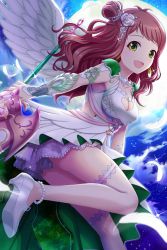 Rule 34 | 1girl, agatsuma ren, alternative girls, angel wings, dress, feathers, full moon, green eyes, hair ornament, heart, heart necklace, highres, holding, holding weapon, jewelry, long hair, looking at viewer, moon, necklace, night, night sky, official art, open mouth, red hair, sky, smile, solo, weapon, white dress, white feathers, white footwear, white legwear, wings