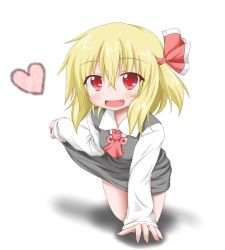 Rule 34 | 1girl, all fours, ascot, blonde hair, blush, clothes lift, fang, female focus, hair ribbon, heart, oden (th-inaba), open mouth, red eyes, ribbon, rumia, shirt, short hair, skirt, skirt lift, skirt set, smile, solo, touhou, vest