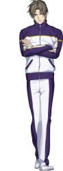 Rule 34 | 10s, 1boy, brown hair, crossed arms, full body, heshikiri hasebe, komiya kuniharu, male focus, official art, personification, purple eyes, smile, solo, touken ranbu, track suit, transparent background