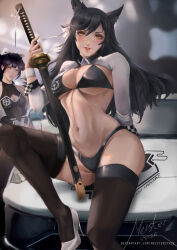 Rule 34 | 2girls, absurdres, animal ear fluff, animal ears, arm behind back, artist name, atago (azur lane), atago (stunning speedster) (azur lane), azur lane, black hair, black thighhighs, blurry, blurry background, breasts, car, cleavage cutout, clothing cutout, commentary, deviantart username, english commentary, forehead, full body, groin, high heels, highres, holding, holding sword, holding weapon, knee up, lamborghini, lamborghini aventador, large breasts, lingerie, long hair, long sleeves, looking at viewer, meister staze, mole, mole under eye, motor vehicle, multiple girls, navel, nostrils, official alternate costume, outdoors, parted bangs, parted lips, race queen, shadow, shrug (clothing), sitting, spread legs, sword, takao (azur lane), takao (full throttle charmer) (azur lane), thighhighs, thighs, underwear, weapon, white footwear, white sleeves, wolf ears, wolf girl, wrist cuffs, yellow eyes