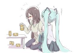 Rule 34 | 2girls, aqua eyes, aqua hair, bare shoulders, beer can, black skirt, black sleeves, can, closed eyes, detached sleeves, drink can, drunk, green shirt, grey shirt, hair ornament, hatsune miku, holding own arm, long hair, master (vocaloid), multiple girls, nejikyuu, open mouth, seiza, shirt, shoulder tattoo, sitting, skirt, sleeveless, sleeveless shirt, squeans, table, tattoo, thighhighs, twintails, very long hair, vocaloid, white background, worried