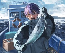Rule 34 | 1boy, animal, black gloves, blue sky, boat, character request, commentary request, copyright request, day, fish, gloves, green eyes, hair between eyes, highres, holding, holding animal, holding fish, lifebuoy, long bangs, long sleeves, looking at viewer, male focus, mountainous horizon, muntai, ocean, open mouth, purple hair, rescue buoy, rope, short hair, sky, solo, standing, straight-on, swim ring, teeth, tongue, tuna, upper body, upper teeth only, virtual youtuber, watercraft