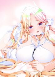 Rule 34 | 1girl, absurdly long hair, absurdres, azur lane, blonde hair, blue eyes, breasts, brest (azur lane), commentary request, dress, hair ribbon, highres, huge breasts, long hair, lying, on stomach, open mouth, origami aya, pointy ears, ribbon, see-through, solo, very long hair, white dress