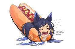 Rule 34 | 1girl, animal ear fluff, animal ears, bad id, bad twitter id, closed eyes, commentary, commission, commissioner insert, crying, d:, english commentary, fangs, flying sweatdrops, foodification, fox ears, hot dog, hot dog bun, i don&#039;t want to be bread (meme), ketchup, long hair, meme, multicolored hair, mustard, open mouth, original, pikat, purple hair, second-party source, sesame seeds, signature, simple background, solo, two-tone hair, white background