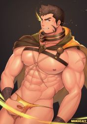 Rule 34 | 1boy, abs, absurdres, bara, beard, belt, bondage outfit, brown hair, bulge, cape, chain, chest harness, cross scar, facial hair, flaming eye, harness, heracles (housamo), highres, huge filesize, large pectorals, long sideburns, looking at viewer, male focus, mikicat, muscular, nipples, pectorals, scar, sideburns, simple background, smile, solo, thick thighs, thighs, tokyo houkago summoners, topless male