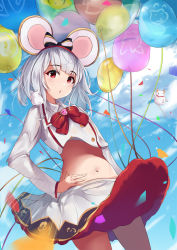 Rule 34 | 1girl, animal, animal ears, balloon, blue sky, bow, bowtie, brooch, chestnut mouth, cloud, collared shirt, cowboy shot, crop top, crop top overhang, fake animal ears, granblue fantasy, hairband, hand on own hip, heart, heart brooch, highres, jewelry, long sleeves, looking at viewer, midriff, miniskirt, mouse (animal), mouse ears, navel, parted lips, pleated skirt, red eyes, shirt, short hair, silver hair, skirt, sky, solo, stomach, vikala (granblue fantasy), white shirt, white skirt, xiaozuo cang