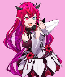 Rule 34 | 1girl, absurdres, bare shoulders, black horns, blue eyes, commentary, demon girl, demon horns, detached sleeves, dress, dress flower, fang, flower, gradient hair, halo, hands up, heterochromia, highres, holding, holding microphone, hololive, hololive english, horns, ice (10222), irys (hololive), irys (irys 2.0) (hololive), long hair, looking at viewer, microphone, multicolored hair, open mouth, pink background, pink eyes, pink hair, red flower, red hair, simple background, skin fang, smile, solo, streaked hair, symbol-only commentary, symbol-shaped pupils, upper body, virtual youtuber, white dress, wings