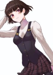 1girl black_skirt breasts brown_hair closed_mouth hand_on_own_head highres kanna_nijiniji looking_at_viewer medium_breasts niijima_makoto persona persona_5 plaid_clothes plaid_skirt red_eyes short_hair simple_background skirt sleeves_past_wrists solo sweater turtleneck turtleneck_sweater white_background white_sweater