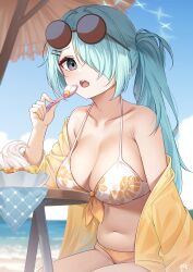 Rule 34 | 1girl, absurdres, beach, bikini, blue archive, blush, breasts, cleavage, collarbone, day, eyewear on head, food, green eyes, green hair, green halo, groin, guri (gri1211), hair over one eye, halo, highres, hiyori (blue archive), hiyori (swimsuit) (blue archive), holding, holding spoon, ice cream, jacket, large breasts, long hair, long sleeves, looking at viewer, navel, ocean, official alternate costume, open clothes, open jacket, open mouth, outdoors, parasol, round eyewear, side ponytail, signature, solo, spoon, sunglasses, swimsuit, teeth, umbrella, upper teeth only, yellow jacket