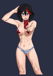 Rule 34 | 1girl, abs, arm up, black hair, blue eyes, breasts, cellphone, highres, holding, holding phone, hong doo, kill la kill, matoi ryuuko, medium breasts, multicolored hair, muscular, muscular female, navel, open mouth, outstretched arm, panties, phone, red hair, red pasties, selfie, short hair, smartphone, solo, streaked hair, striped clothes, striped panties, taking picture, underwear