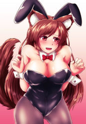 Rule 34 | 1girl, animal ears, bare shoulders, black leotard, bow, bowtie, breasts, cleavage, closed eyes, collarbone, covered navel, detached collar, fake animal ears, fishnet pantyhose, fishnets, gradient background, high heels, highres, imaizumi kagerou, large breasts, leotard, long hair, looking away, open mouth, pantyhose, playboy bunny, rabbit ears, red eyes, solo, sotomichi, strapless, strapless leotard, tail, touhou, wolf ears, wolf tail, wrist cuffs