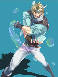 Rule 34 | 1boy, bad id, bad pixiv id, battle tendency, blonde hair, blue background, blue eyes, blue jacket, blue shirt, boots, bubble, caesar anthonio zeppeli, cropped jacket, facial mark, feather hair ornament, feathers, fighting stance, fingerless gloves, gloves, hair ornament, headband, highres, hydrokinesis, jacket, jojo no kimyou na bouken, killingrock, male focus, manly, pants, scarf, shadow, shirt, solo, water, white pants