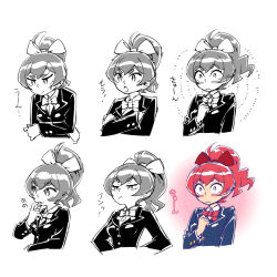 Rule 34 | 1girl, 3:, blush, bow, buttons, collared jacket, collared shirt, cropped torso, crossed arms, eating, expression chart, greyscale, hair bow, hand on own chest, hinoko (sunafuki tabito), jacket, long sleeves, monochrome, original, partially colored, ponytail, red bow, red hair, red ribbon, ribbon, school uniform, shirt, short eyebrows, sunafuki tabito, sweatdrop, talking, upper body, white background