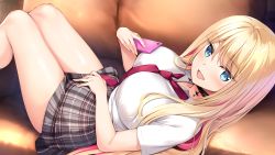 Rule 34 | amaemi-longing for you-, blonde hair, blue eyes, blush, breasts, cellphone, choker, couch, cross, feet out of frame, game cg, grey skirt, highres, holding, holding phone, knees up, kusunoki iroha, large breasts, long hair, looking at viewer, lying, miniskirt, multicolored hair, necktie, official art, on back, on couch, open mouth, phone, photoshop (medium), pink hair, pleated skirt, red necktie, shirt, short sleeves, skirt, streaked hair, two-tone hair, white shirt