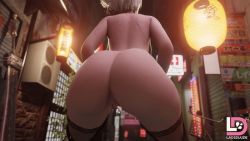 Rule 34 | 1girl, 3d, animated, animated gif, artist name, ass, ass focus, ass shake, back, backboob, bicycle, boots, breasts, city lights, grey hair, high heel boots, high heels, huge ass, jiggle, laosduude, neon lights, nier:automata, nier (series), nude, outdoors, pussy, road, short hair, solo, square enix, street, sword, thigh boots, thighhighs, thighhighs under boots, twerking, uncensored, weapon, white hair, 2b (nier:automata)