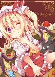 Rule 34 | 1girl, ;), animal, blonde hair, blush, cake, character name, flandre scarlet, food, fork, fruit, hat, kan lee, looking at viewer, o o, one eye closed, purple eyes, red skirt, short hair, side ponytail, skirt, smile, solo, strawberry, touhou, wings