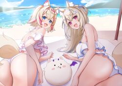 Rule 34 | 2girls, :3, animal ears, ass, bare shoulders, beach, bikini, blonde hair, blue eyes, blue hair, blue hairband, blue trim, blush stickers, breasts, crossed bangs, dog ears, dog girl, dog tail, fake horns, fang, fangs, frilled bikini, frills, fuwawa abyssgard, hairband, hololive, hololive english, horns, large breasts, leo (f mmmnkm paint), long hair, looking at viewer, looking back, lying, mococo abyssgard, multicolored hair, multiple girls, ocean, on stomach, open mouth, parted bangs, perroccino (fuwamoco), pink eyes, pink hair, pink hairband, pink trim, sand, short hair, siblings, sisters, skin fang, skin fangs, small breasts, smile, sparkle, streaked hair, sunlight, swimsuit, tail, tongue, tongue out, twins, two-tone hair, two side up, virtual youtuber, water, white bikini