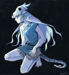 Rule 34 | 1girl, animal skull, barefoot, black background, blue eyes, blue hair, closed mouth, commentary request, dated, full body, highres, long hair, looking to the side, original, sabyap, short sleeves, simple background, single sleeve, skeletal tail, skull on head, solo, squatting, tail, very long hair