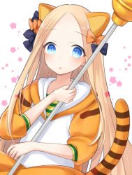 Rule 34 | 1girl, abigail williams (fate), animal ears, black bow, blonde hair, blue eyes, blush, bow, commentary request, dutch angle, fate/grand order, fate (series), forehead, hair bow, hand up, holding, hood, hood down, hoodie, kemonomimi mode, long hair, long sleeves, looking at viewer, midori (m ryokutya), orange bow, orange hoodie, parted bangs, parted lips, paw stick, polka dot, polka dot bow, puffy long sleeves, puffy sleeves, solo, star (symbol), striped, striped tail, tail, tiger ears, tiger girl, tiger tail, very long hair, white background