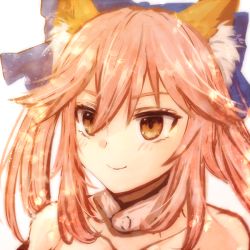 Rule 34 | 10s, 1girl, animal ears, blush, bow, collarbone, fate/extra, fate/grand order, fate (series), fox ears, hair bow, light smile, looking at viewer, lowres, pink hair, simple background, solo, sora (yukimi shiro), tamamo no mae (fate/extra), white background, yellow eyes