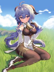 Rule 34 | 1girl, absurdres, ahoge, anklet, armpit crease, bare shoulders, bell, blue hair, breasts, breasts apart, chinese knot, closed mouth, cloud, cowbell, detached sleeves, dot nose, ganyu (genshin impact), genshin impact, goat horns, gold trim, grass, hair between eyes, hand up, highres, horns, jewelry, leotard, long hair, looking at viewer, mashilemo, neck bell, outdoors, pantyhose, pelvic curtain, purple eyes, sidelocks, sitting, solo, thighlet, very long hair, white footwear, yokozuwari