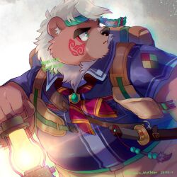 Rule 34 | 1boy, animal ears, backpack, bag, bara, bear boy, bear ears, blue shirt, brown fur, commentary, dated, facepaint, fat, fat man, furry, furry male, gradient background, green eyes, grey background, highres, holding lamp, kimun kamui (housamo), looking back, male focus, neckerchief, oil lamp, ragun (lagoon bluebear), red pupils, scout uniform, sheath, sheathed, shirt, short hair, solo, sword, tokyo houkago summoners, twitter username, upper body, weapon, white hair