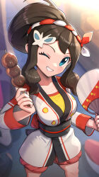 Rule 34 | 1girl, absurdres, blush, breasts, creatures (company), food, game freak, gonzarez, highres, hilda (pokemon), hilda (summer 2022) (pokemon), holding, holding food, japanese clothes, large breasts, nintendo, official alternate costume, one eye closed, pokemon, pokemon masters ex, ponytail, solo, takoyaki, wink