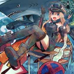 Rule 34 | 10s, 1girl, bare shoulders, bismarck (kancolle), blonde hair, blue eyes, boots, breasts, cat, chair, desk, detached sleeves, eel, egg, gloves, grey thighhighs, hat, highres, itomugi-kun, kantai collection, large breasts, long hair, military, military hat, military uniform, no stopping sign, on desk, open mouth, peaked cap, road sign, school chair, school desk, shark, sign, sitting, stop sign, sword, tagme, thighhighs, uniform, unsinkable sam, warning sign, weapon