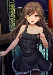 Rule 34 | 1girl, arashio (kancolle), arashio kai ni (kancolle), belt, belt buckle, black belt, black dress, black pantyhose, blush, breasts, brown eyes, brown hair, buckle, building, buttons, city, city lights, collarbone, commentary request, cowboy shot, dress, highres, ichikawa feesu, kantai collection, long hair, open mouth, pantyhose, pinafore dress, sleeveless, sleeveless dress, small breasts, smile, solo
