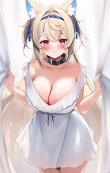 Rule 34 | 1girl, absurdres, animal ears, bare shoulders, blonde hair, blush, breasts, cleavage, collar, collarbone, dog ears, fuwawa abyssgard, highres, hololive, hololive english, large breasts, long hair, maru ccy, nightgown, red eyes, solo, spiked collar, spikes, virtual youtuber, white nightgown