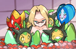 Rule 34 | 1girl, :d, ^ ^, absurdres, black-framed eyewear, blonde hair, blue eyes, character request, closed eyes, closed mouth, collarbone, commentary request, creatures (company), fangs, forehead, game freak, glasses, highres, l-trap, licking lips, nintendo, nude, ogerpon, ogerpon (hearthflame mask), ogerpon (wellspring mask), open mouth, parted bangs, pince-nez, pink eyes, poke ball, poke ball (basic), pokemon, pokemon (creature), smile, star-shaped pupils, star (symbol), symbol-shaped pupils, tears, tongue, tongue out, yellow eyes