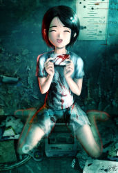 Rule 34 | 1girl, black hair, blood, closed eyes, game cartridge, game console, ghost, nintendo, open mouth, s zenith lee, short hair, shorts, sitting, smile, solo, super famicom, wariza
